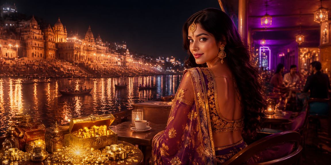 Colorful bustling casino scene by Varanasi ghats with players enjoying games